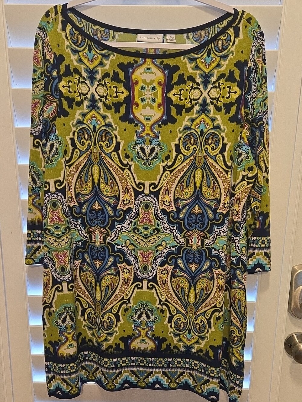 Susan Graver Green Paisley-Print Long Sleeve Dress Tunic with Navy Accents L